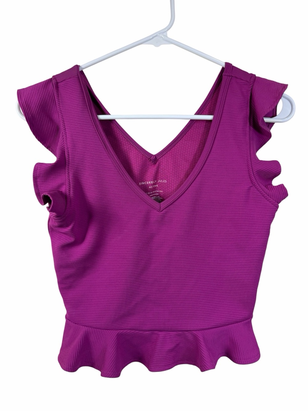 Sincerely Jules Womens V-Neck Magenta Ruffle Sleeve Fitness Bra Top Size S
